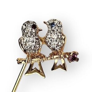 Panetta Love Birds Lapel Stick Pin Crystal Gold Plated Art Deco Vintage 2 5/8"